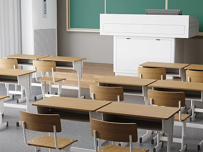 Modern School Classroom Interior With Greenboard White Podium And Wooden Desks Chairs 3d model
