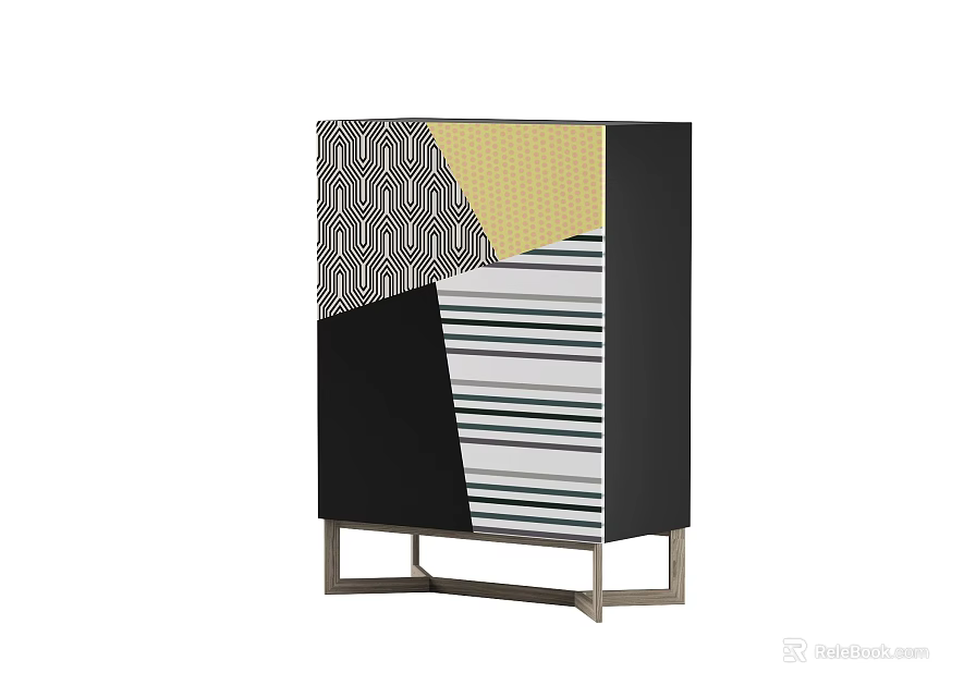Elegant Modern Entryway Side Cabinet With Geometric Pattern Color Block And Metal Base 3d model 