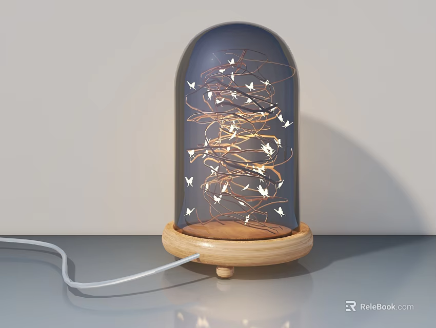 Swing Door Featuring Glass Dome Wooden Base Twisted Wires And White Birds 3d model 