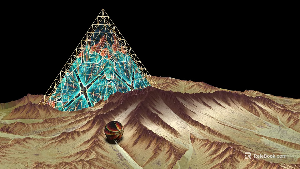 Pyramid Shaped Art Installation With Metal Frame Blue And Red Grid In Desert Landscape 3d model 