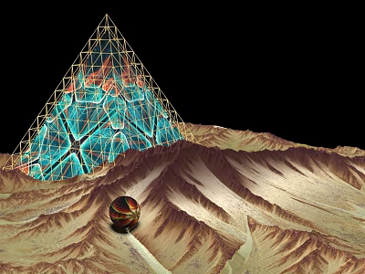 Pyramid Shaped Art Installation With Metal Frame Blue And Red Grid In Desert Landscape 3d model