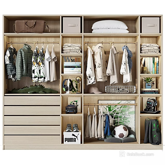 Organized Wardrobe Interior With Hanging And Folded Clothes Books Shoes And Plants 3d model 