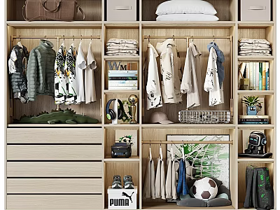 Organized Wardrobe Interior With Hanging And Folded Clothes Books Shoes And Plants 3d model