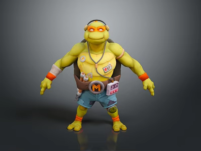 Ninja Turtle Inspired Green Skinned Game Movie Character With Orange Mask M Symbol Blue Shorts 3d model