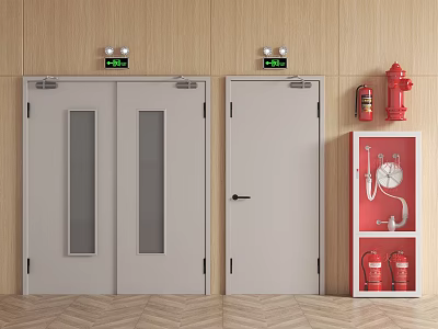 Fire Safety Equipment With Fire Doors Extinguishers Hose And Emergency Cabinet 3d model