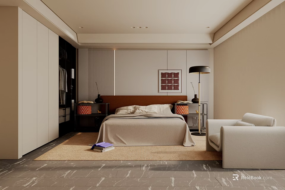 Modern Bedroom Interior With Beige Bedding Bedside Tables Floor Lamp And Cozy Sofa 3d model 