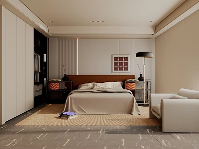 Modern Bedroom Interior With Beige Bedding Bedside Tables Floor Lamp And Cozy Sofa 3d model
