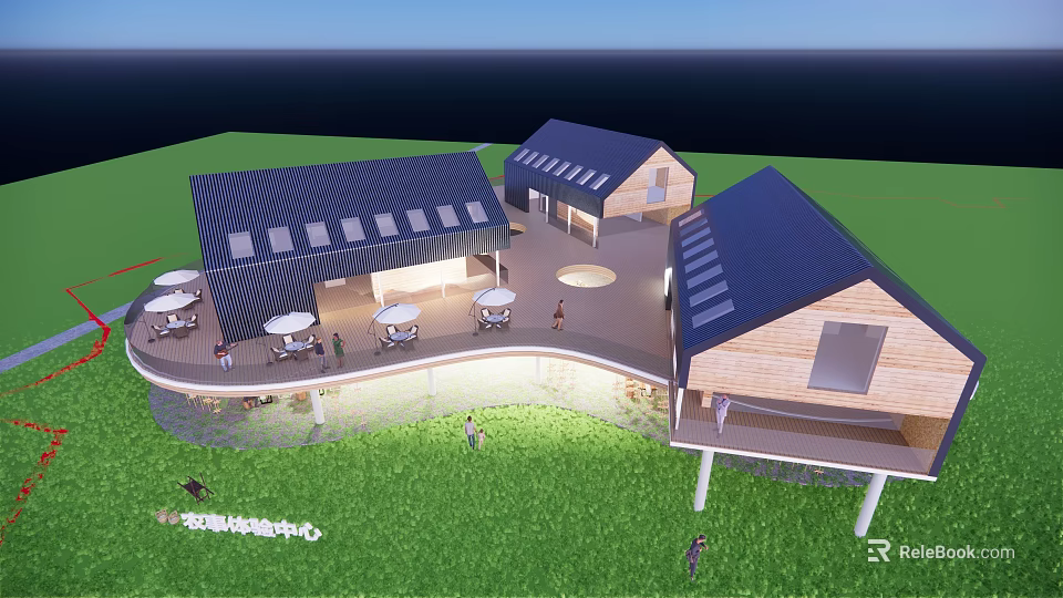 Rustic Homestay Architecture with Wooden Structures Sloped Roof Green Lawn and Terrace Area 3d model 