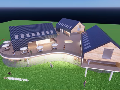 Rustic Homestay Architecture with Wooden Structures Sloped Roof Green Lawn and Terrace Area 3d model