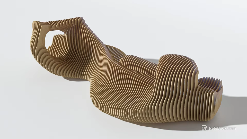 Creative Modern Public Chair With Curved Wooden Slats Wavy Structure And Artistic Design 3d model 