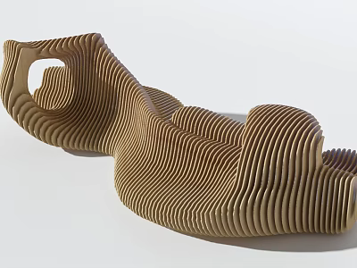 Creative Modern Public Chair With Curved Wooden Slats Wavy Structure And Artistic Design 3d model