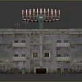 Square 3D Model Building with Gray Stone Exterior Multiple Windows Radar Antenna Wooden Top Platform