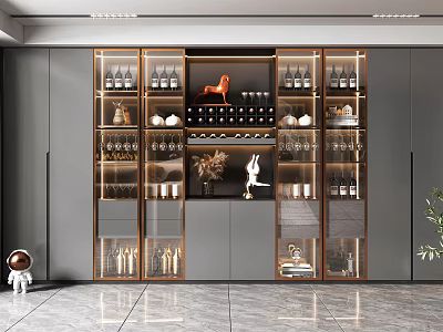 Modern Wine Cabinet Interior Design With Glass Doors Metal Frames And Wine Bottles 3d model