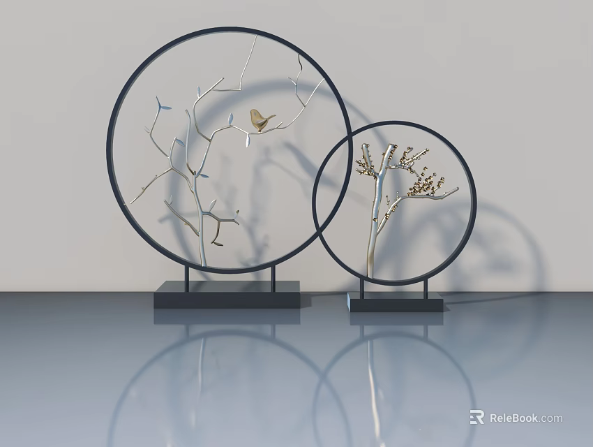 Elegant Swing Door With Circular Branch And Bird Decorations On Smooth Surface 3d model 