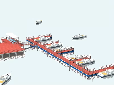 Scenic Waterfront Garden Landscape With Red Platforms Dock Walkways And Moored Boats 3d model