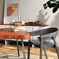 Modern Indoor Table And Chairs With Wooden Top Black Seats Wall Art And Plant
