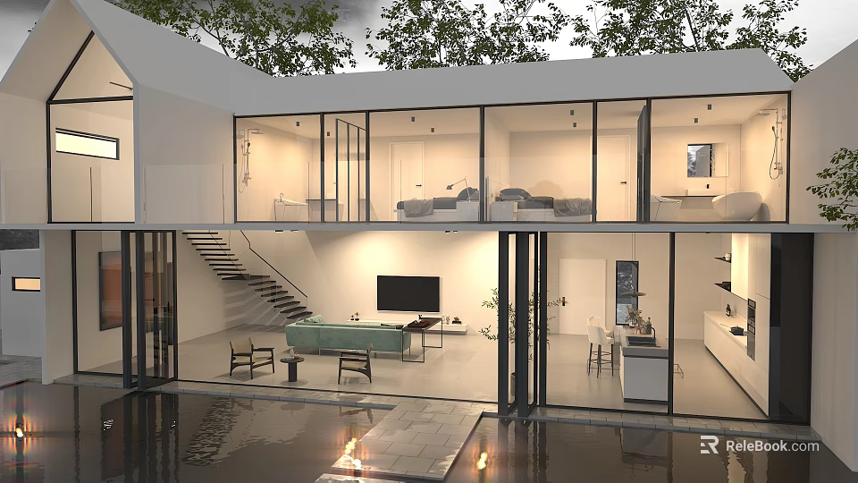 Modern Detached Villa With Large Glass Walls Open Layout And Indoor Outdoor Living Space 3d model 