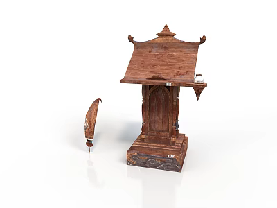 Traditional Wooden Architectural Component With Carved Roof Structure And Flanking Decorative Piece 3d model