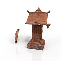 Traditional Wooden Architectural Component With Carved Roof Structure And Flanking Decorative Piece