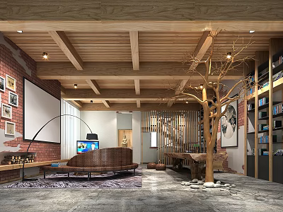 Modern Hotel Lobby With Wooden Beam Ceiling Red Brick Wall Projection Screen Brown Leather Sofa 3d model