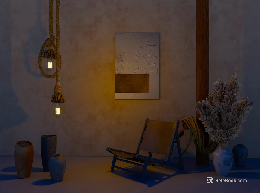 Earthy Toned Ceramic Vessels Of Various Shapes With Hanging Lanterns Wall Art And Chair 3d model 