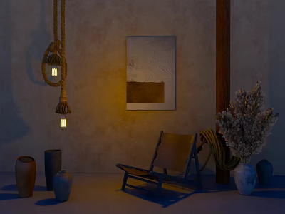 Earthy Toned Ceramic Vessels Of Various Shapes With Hanging Lanterns Wall Art And Chair 3d model