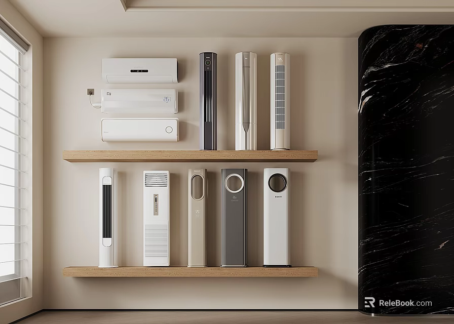 Various Air Conditioners and Fans Arranged on Wooden Shelves in Modern Room 3d model 