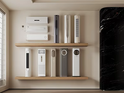 Various Air Conditioners and Fans Arranged on Wooden Shelves in Modern Room 3d model