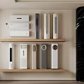 Various Air Conditioners and Fans Arranged on Wooden Shelves in Modern Room