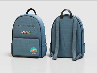 Blue Backpack Front And Back View With Small Pocket Zipper And Emblem 3d model