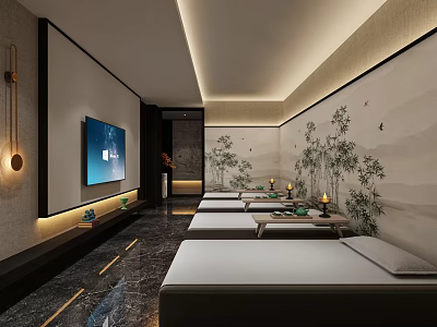 Elegant SPA Sauna Space With Beds TV And Bamboo Wall Art 3d model