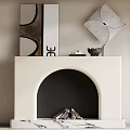 White Fireplace With Decorative Mirror Geometric Art And Wood Logs On Marble Base