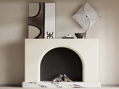 White Fireplace With Decorative Mirror Geometric Art And Wood Logs On Marble Base 3d model