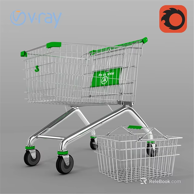 Commercial Shopping Cart With Green Handles Metal Frame And Small Basket 3d model 