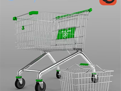 Commercial Shopping Cart With Green Handles Metal Frame And Small Basket 3d model