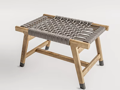 Natural Wood Stool With Gray Woven Seat And Sturdy Wooden Legs Design 3d model