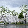 Arbor Trees In Courtyard With Gray Wall Water Pool Green Plants And Stone Bench