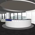 Modern Reception Area Design With Circular Ceiling Light Blue Countertop Glass Partitions And Marble Flooring