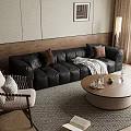 Black Leather Multi Seater Sofa With Throw Pillows And Wooden Coffee Table On Area Rug