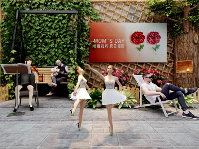 Vibrant Mother's Day Garden With Dancing Girls People Sitting Roses Green Plants And Trellis 3d model