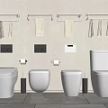 Four Modern Toilets in Bathroom Interior with Towel Racks Toilet Paper and Tile Floor