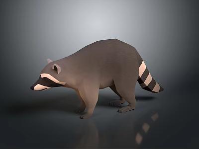 Low Poly Raccoon 3D Model in Standing Pose on Gray Background with Reflective Surface 3d model