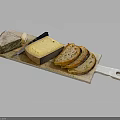 Assorted Cheese Blocks And Sliced Bread On Wooden Serving Board With Cheese Knife