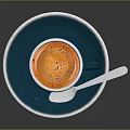 Blue Ceramic Coffee Cup With Milk Foam White Rim On Saucer And Silver Spoon