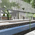 Modern Sales Office Building With Glass Curtain Wall Greenery Water Features And Steps