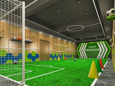 Indoor Soccer Training Facility With Green Turf Cones And Hexagonal Decorations 3d model