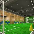 Indoor Soccer Training Facility With Green Turf Cones And Hexagonal Decorations