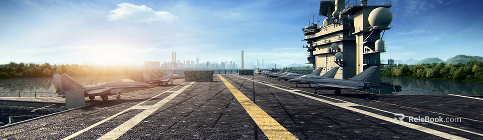 Fighter Jets Parked On Aircraft Carrier Deck With City Skyline 3d model 