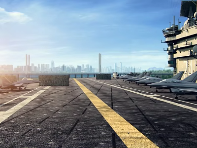 Fighter Jets Parked On Aircraft Carrier Deck With City Skyline 3d model