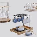 Tableware Set with Wine Glass Holder Mug Rack Bowls and Wooden Tray for Kitchen